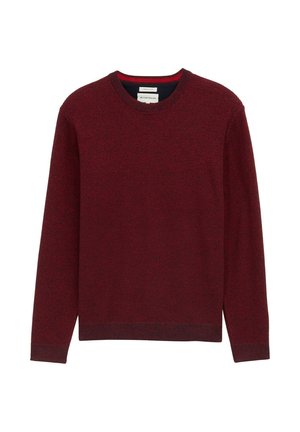 Maglione a maglia di un rosso scuro con maniche lunghe, scollo rotondo e polsini, orlo e scollatura a coste, posato su uno sfondo bianco.