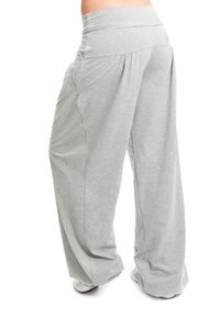 Light gray, wide-leg pants made of soft fabric. Features a thick, elastic waistband and loose silhouette, with draping from the hips.