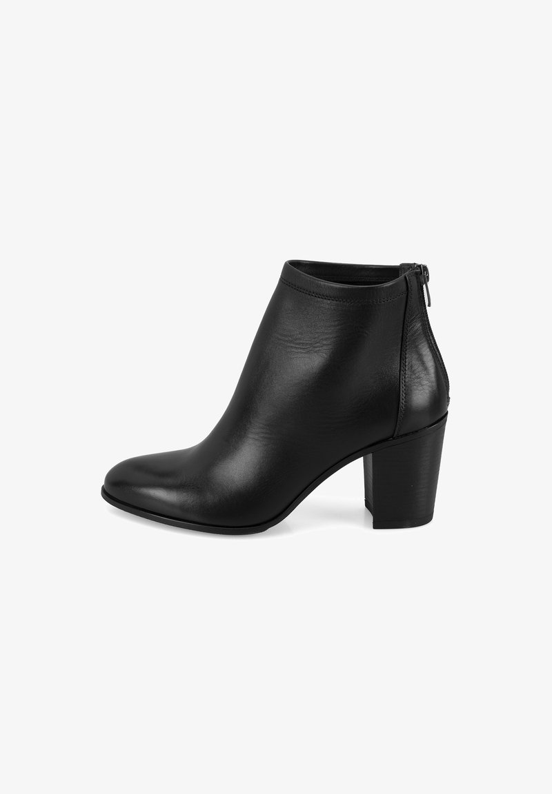 Bottine en cuir noir, avec un bout pointu, un talon bloc haut et un détail de fermeture éclair à l'arrière. Texture lisse avec un design élégant.