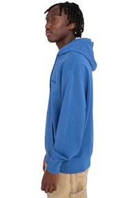 Sudadera de algodón azul con capucha ajustable, bolsillo tipo canguro y puños acanalados. Diseñada para un corte relajado con una textura suave.