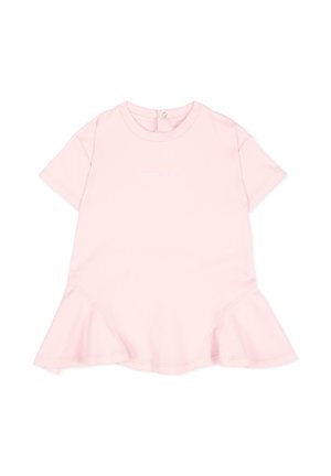 Robe bébé rose clair à manches courtes, encolure ronde, fermeture pressionnée dans le dos et ourlet à volants évasé.