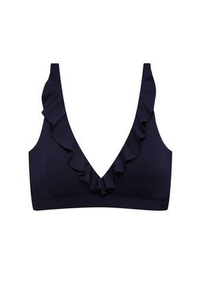 Top de costum de baie bleumarin cu decolteu adânc în V și margine cu volane de-a lungul gâtului și bretelelor de umăr.