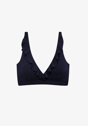 Μπικίνι τοπ σκούρου μπλε χρώματος με βαθύ ντεκολτέ σε σχήμα V και διακοσμητικό βολάν κατά μήκος της γραμμής του λαιμού και των τιράντων.