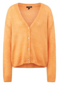 Cardigan orange texturé avec un col en V, manches longues et cinq boutons. Matière en mélange de coton, coupe décontractée, longueur courte.