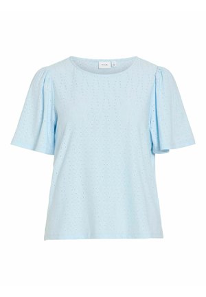 Šviesiai mėlyni trumpomis rankovėmis palaidinė su apvalia iškirpte ir subtiliu akių raštu, sudarytu iš rombų dizaino.