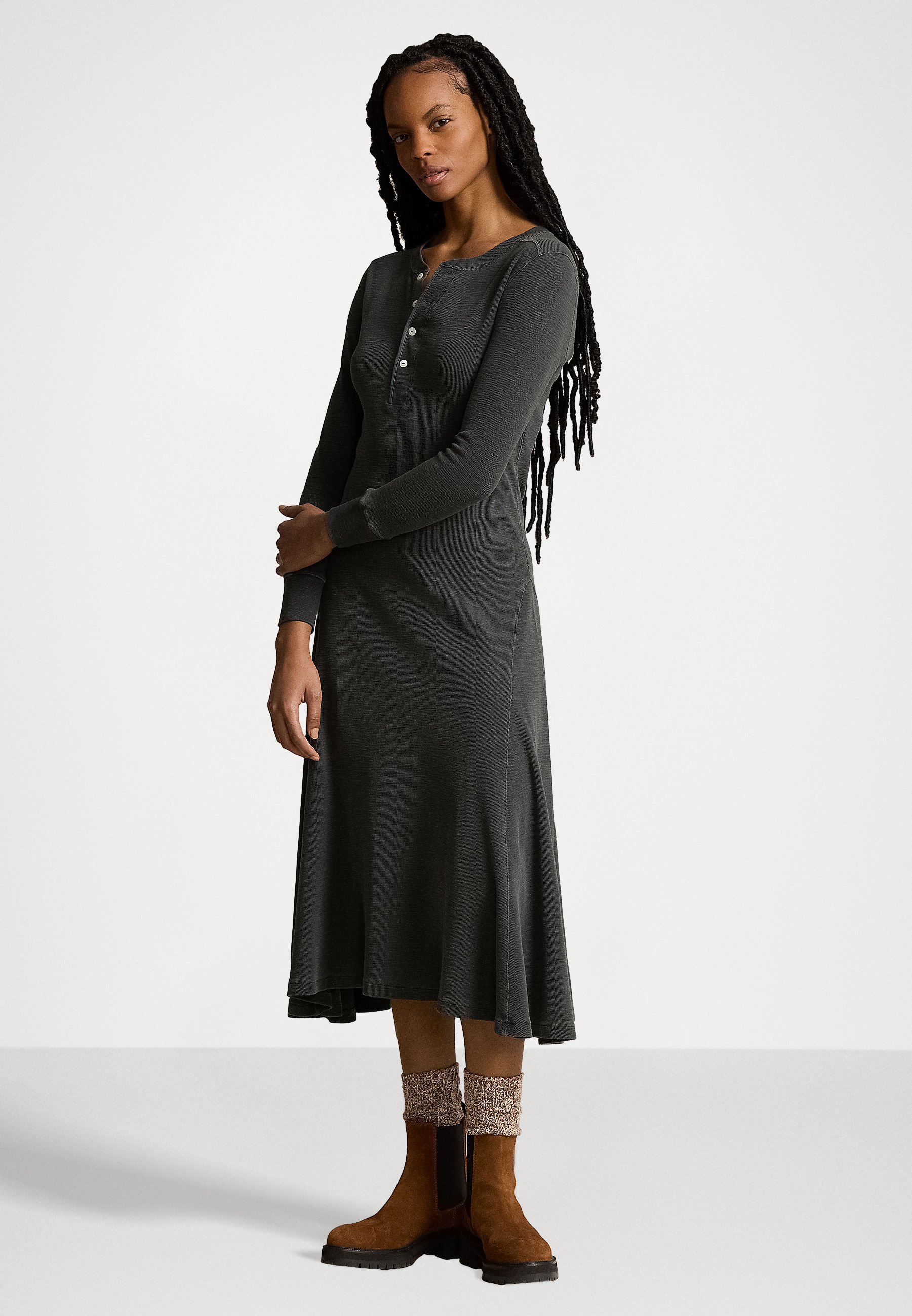 Polo Ralph Lauren WAFFLE KNIT HENLEY DRESS - Jumper dress - pebble