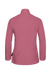 Pullover a maniche lunghe in un morbido tessuto rosa, con colletto e texture liscia. Include un piccolo etichetta del marchio sul lato.