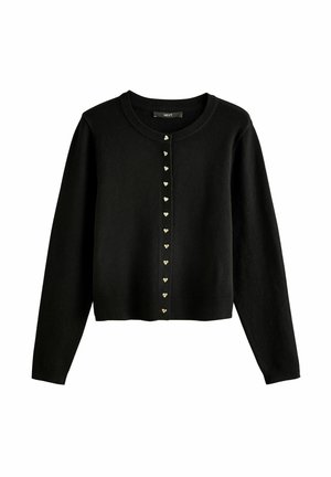 Schwarze Strickjacke aus weichem Material, mit rundem Halsauschnitt, Knopfleiste mit goldenen herzförmigen Akzenten und langen Ärmeln.