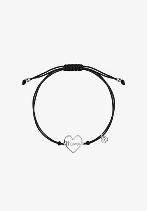 Czarny sznurkowy bransoletka z regulowanym zapięciem, z srebrnym zawieszką w kształcie serca z napisem "Mama" i małym okrągłym akcentem.