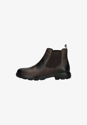 Bottine en cuir marron avec des panneaux latéraux élastiques et une tirette. Présente une semelle en caoutchouc noir épaisse, une texture lisse et une silhouette élégante.
