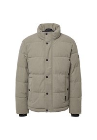 Gepolsterte Jacke aus hellgrauem Cordstoff mit hohem Kragen, sechs schwarzen Druckknöpfen und schwarzen Strickbündchen. Verfügt über Seitentaschen.