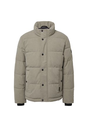 Gepolsterte Jacke aus hellgrauem Cordstoff mit hohem Kragen, sechs schwarzen Druckknöpfen und schwarzen Strickbündchen. Verfügt über Seitentaschen.