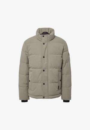 Gevoerde jas van lichtgrijze corduroy-stof met een hoge kraag, zes zwarte drukknoopjes en zwarte gebreide manchetten. Voorzien van zijzakken.