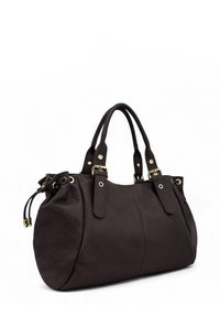 Sac à main en cuir marron avec ferrures dorées, double poignées, et un design supérieur froncé pour un volume ajustable. Texture lisse avec grain subtil.