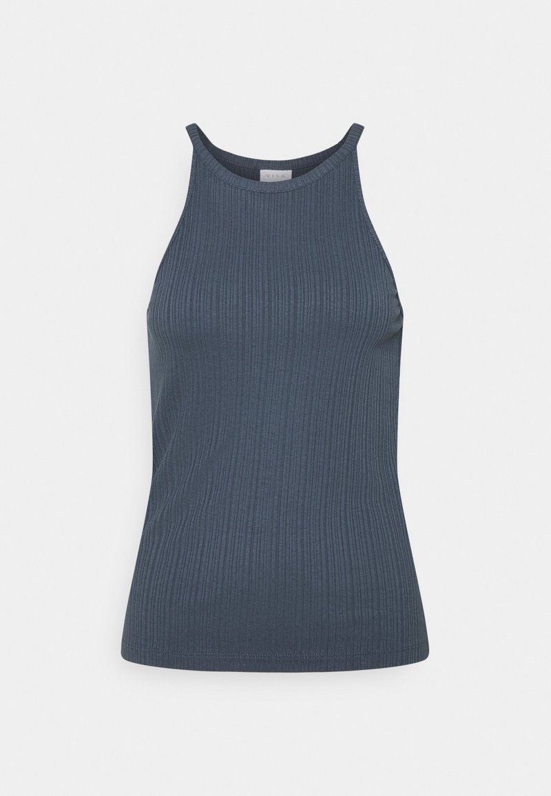 Débardeur en maille côtelée sans manches bleu foncé avec col montant et coupe ajustée.