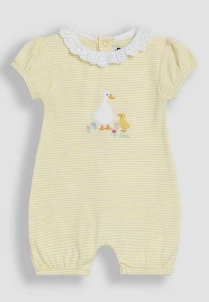 Rumper za dojenčke z rumenimi črtami in kratkimi rokavi, okrašen z belim ovratnikom s prizmo in vezenimi račkami. Ima elastične noge za udobje.