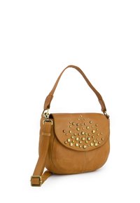 Tan leather crossbody bag with rounded shape, studded front design, adjustable strap, and gold-tone hardware accents.