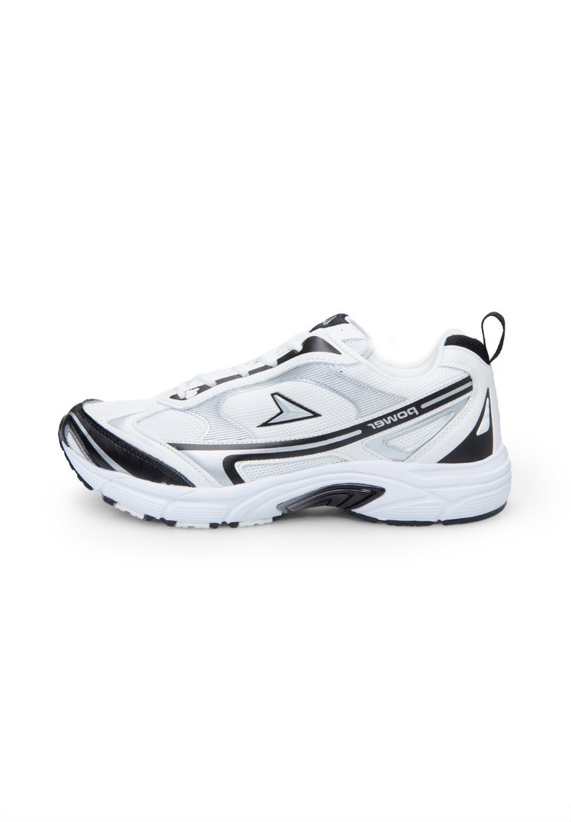 White athletic shoe with black accents, mesh upper, and textured sole; designed with a lightweight construction and reinforced heel.