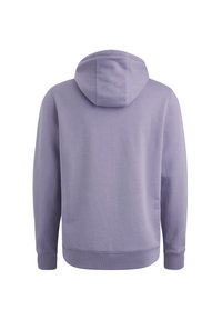 Purple hoodie with a hood, made from soft fabric. Features ribbed cuffs and hem. Smooth texture, no visible patterns or accents.