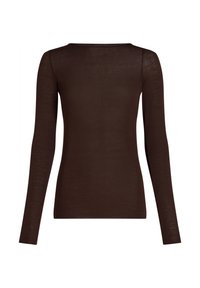 Lange mouwen bruine top gemaakt van lichtgewicht stof, met een ronde halslijn en een getailleerde silhouette. Glad textuur zonder patronen.