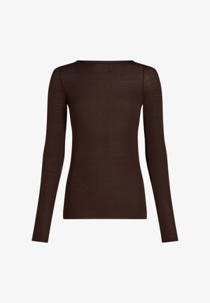 Lange mouwen bruine top gemaakt van lichtgewicht stof, met een ronde halslijn en een getailleerde silhouette. Glad textuur zonder patronen.