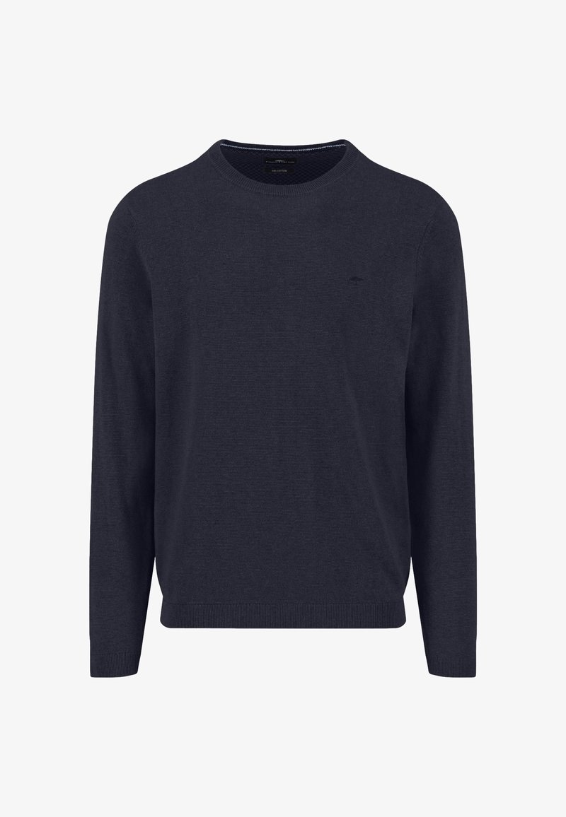 Maglione blu navy a maglia con scollo tondo, maniche lunghe e polsini e orlo a coste. Presenta un piccolo logo sul petto.