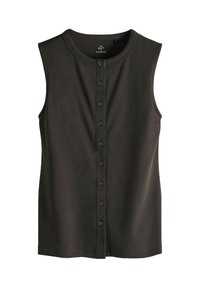 Ärmelloses schwarzes Rippstricktop mit rundem Halsausschnitt und Knopfverschluss auf der Vorderseite, Größe Medium, hergestellt in Bangladesch.