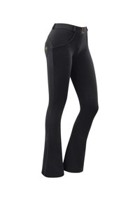 Sukkahäntä mustat housut joustavasta materiaalista, joissa on sileä pinta, kaksinappinen vyötärö ja tyylikkäät sivutasku koristeet.