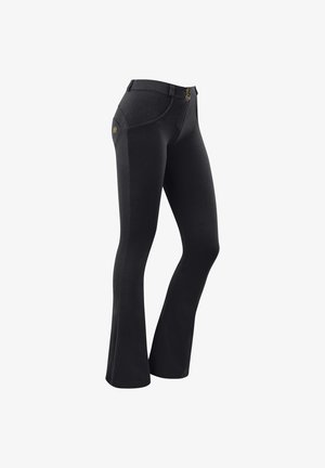 Sukkahäntä mustat housut joustavasta materiaalista, joissa on sileä pinta, kaksinappinen vyötärö ja tyylikkäät sivutasku koristeet.