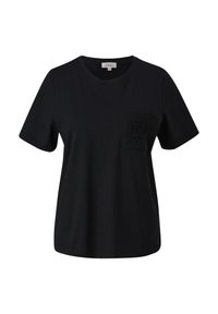 Zwarte T-shirt met een ronde hals, korte mouwen en een textured haakwerk zakje op de linkerkant van de borst. Gemaakt van zachte katoen.