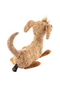 Plush dog toy in light brown, with textured fur, floppy ears, and a soft tail. Features brown paw accents and a tag on the underside.