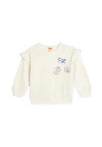 Sweatshirt en coton blanc avec des manches à volants, orné de trois appliqués de papillons colorés en bleu, rose et argent. Coupe décontractée.
