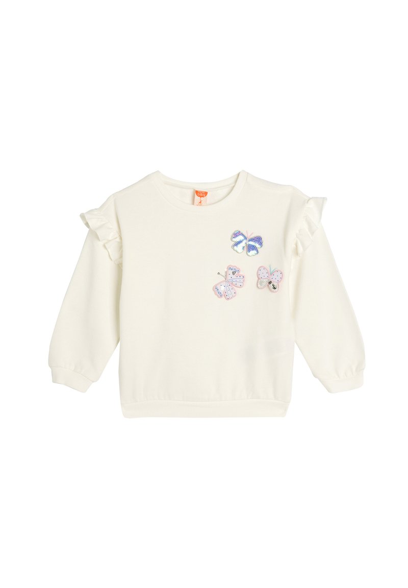 Sweatshirt en coton blanc avec des manches à volants, orné de trois appliqués de papillons colorés en bleu, rose et argent. Coupe décontractée.