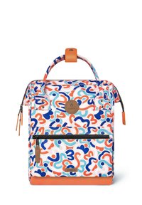 Multicolored backpack with abstract shapes, fabric exterior, orange accents, top handle, and front zip pocket. Round logo on front.