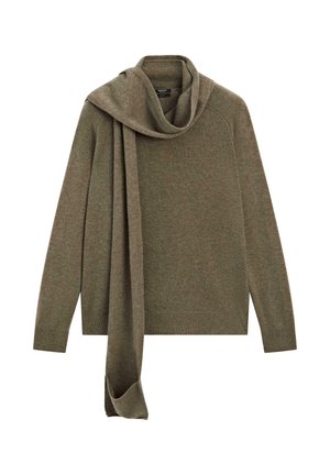 Maglione verde oliva con collo alto e dettaglio di sciarpa attaccato. Tessuto morbido e lavorato a maglia con orlo a coste. Presenta maniche lunghe e una vestibilità rilassata.