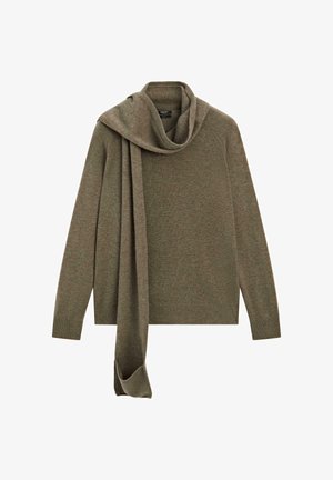 Olijfgroen trui met een col en een vastgebonden sjaaldetail. Zacht, gebreid materiaal en geribde zoom. Heeft lange mouwen en een ontspannen pasvorm.