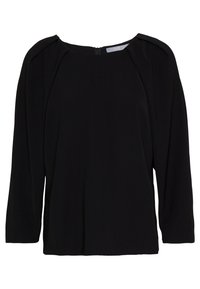 Blouse noire avec un col rond, des manches trois-quarts et des plis aux épaules. Tissu lisse avec une fermeture à glissière au dos.