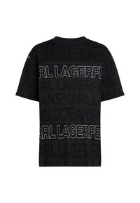 Crna majica s velikim bijelim natpisom branda "KARL LAGERFELD" i "JEANS" u različitim prozirnostima. Klasični okrugli izrez, kratki rukavi. Glatka tekstura tkanine.