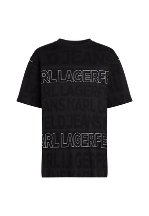 Črna majica s kratkimi rokavi, ki ima na sprednji strani velik bel napis blagovne znamke "KARL LAGERFELD" in "JEANS" v različnih stopnjah prosojnosti. Klasičen kroj s krožnim izrezom in gladko teksturo tkanine.