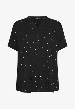 Czarna bluzka z krótkim rękawem w białe groszki, z dekoltem w kształcie litery V i trzema guzikami, o luźnym kroju.