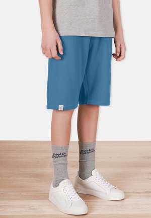 Blå sportshorts med elastisk talje, parret med grå sokker og hvide sneakers. Shortsene har et lille logomærke på sømmen.