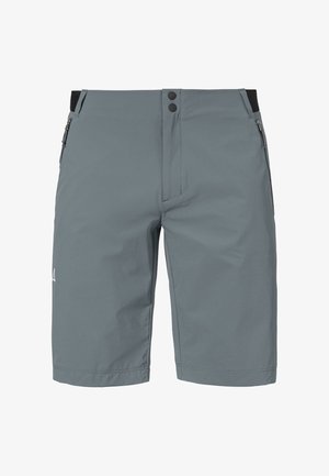 Graue, knielange Shorts aus leichtem Stoff. Mit zwei vorderen Reißverschlusstaschen, zwei Knopfverschlüssen und einem minimalistischen Logo am linken Oberschenkel.