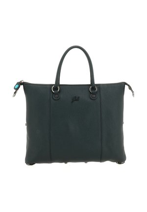 Sac cabas en cuir vert foncé avec deux poignées sur le dessus, fermeture éclair et logo embossé. Extérieur texturé avec détails en métal argenté.