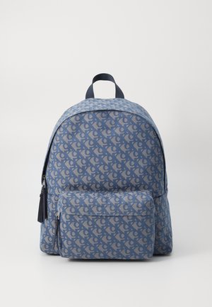 Blue backpack featuring a patterned design, front zip pocket, top handle, and adjustable straps. Made from durable fabric with smooth texture.