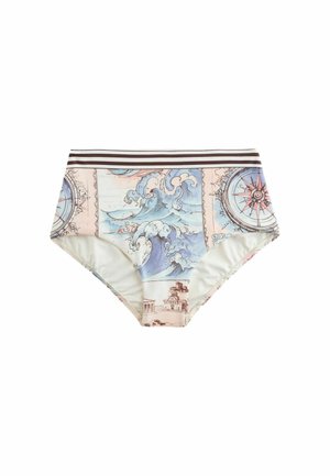 Majtki od bikini z wysokim stanem z paskiem w paski, zdobione nadrukiem o tematyce morskiej z falami, różami wiatrów i klasyczną architekturą w pastelowych kolorach.