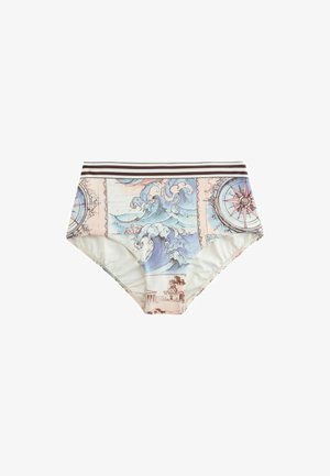 Bikinibroekje met hoge taille en gestreepte tailleband, met nautische print van golven, windrozen en klassieke architectuur in pastelkleuren.