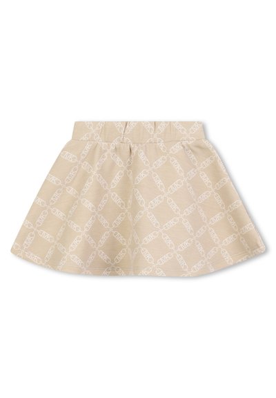 Jupe beige avec un motif blanc répétitif, taille froncée, forme évasée et texture lisse, idéale pour un style décontracté.