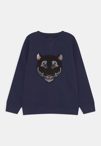 Felpa navy con collo a girocollo, caratterizzata da un dettagliato ricamo di una faccia di tigre nei toni del nero, bianco e argento, con maniche lunghe.