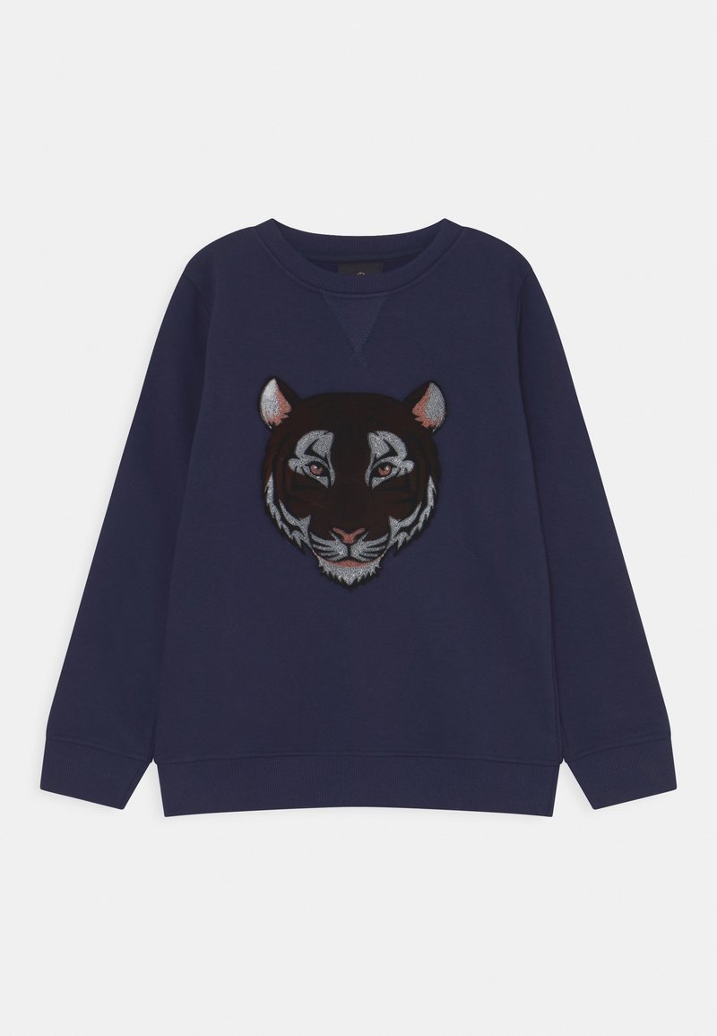 Felpa navy con collo a girocollo, caratterizzata da un dettagliato ricamo di una faccia di tigre nei toni del nero, bianco e argento, con maniche lunghe.