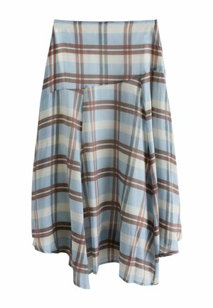Jupe trapèze à carreaux bleus, bruns et crème avec un design superposé asymétrique et un tissu fluide.